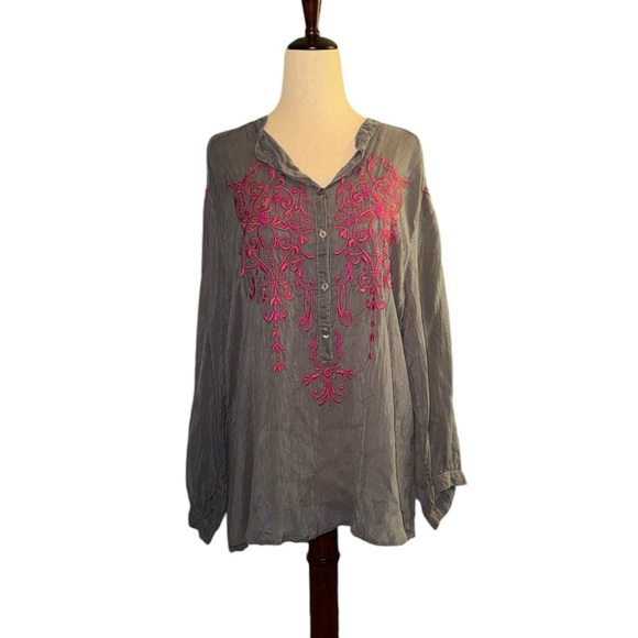 Johnny Was Tops - Johnny Was Pink Embroidered Gray Top